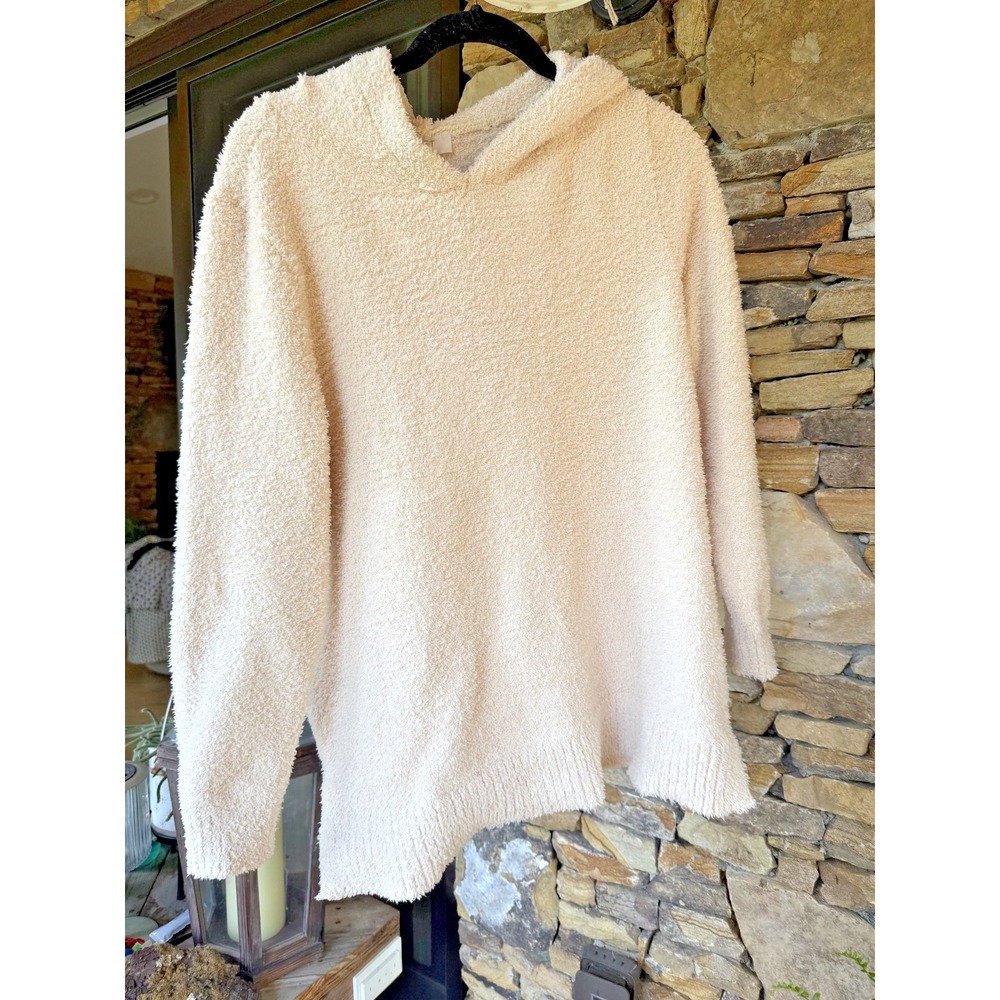 LOFT Outlet Womens Large Cream Fuzzy Hooded Sweater Pullover Plush Cozy
